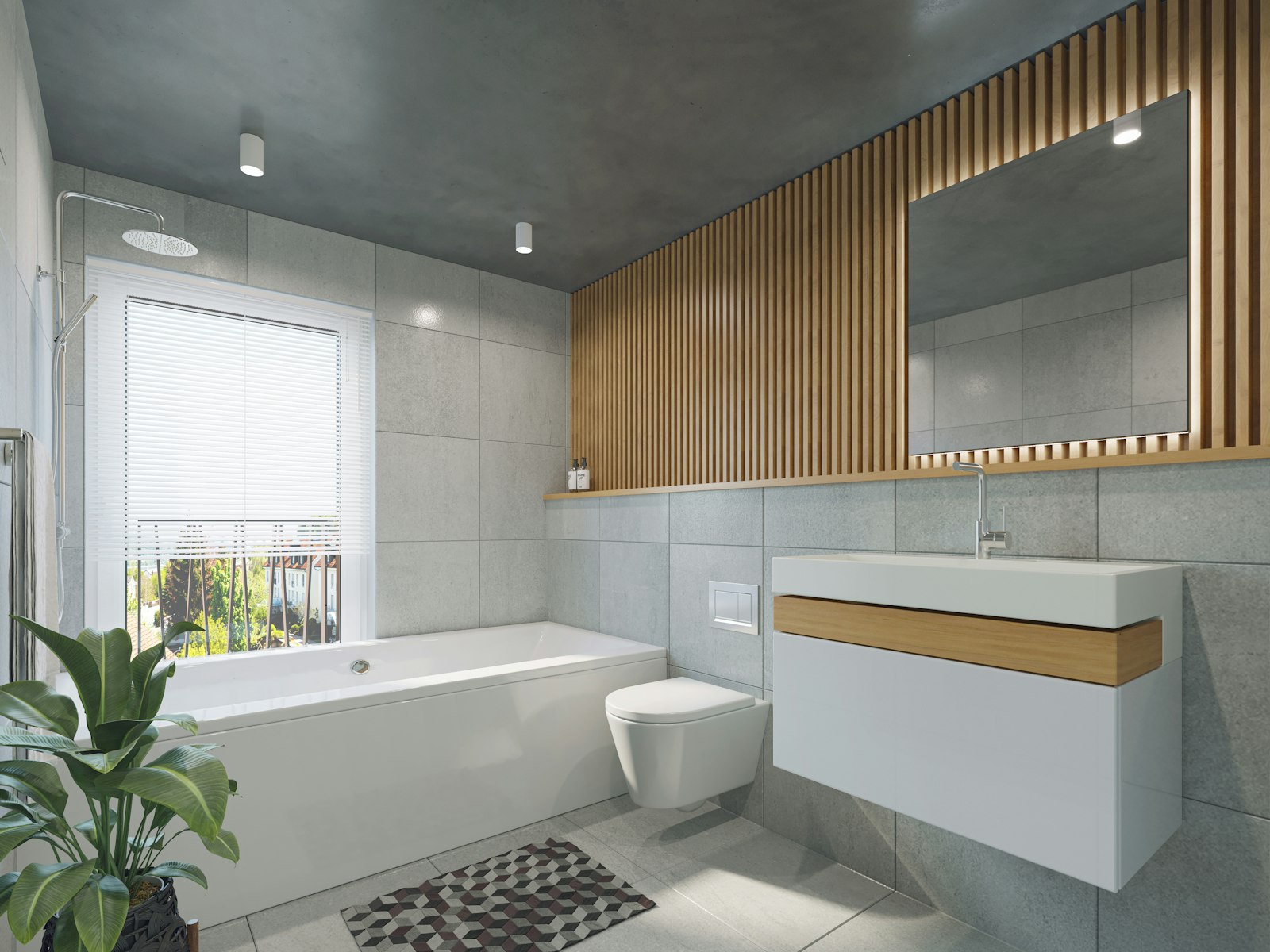 Modern bathroom with bathtub, wall-hung toilet and vanity
